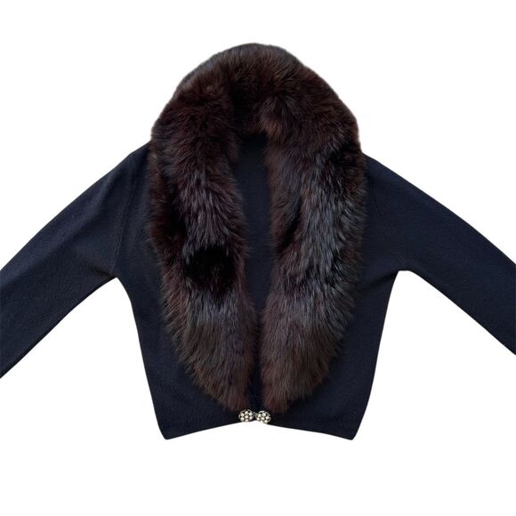Vintage Orlon Black Cardigan M Fur Collar Rhinestone - Picture 4 of 8